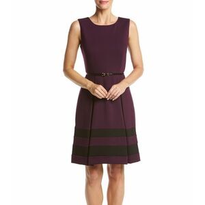 New! CALVIN KLEIN Women's Belted Ponte Knit Striped Hem Dress Color Aubergine